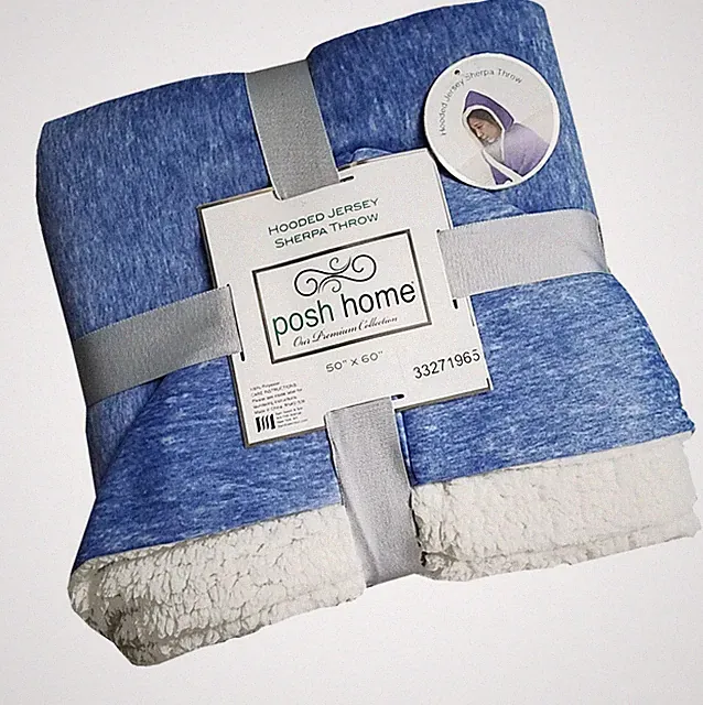 Blue White Sherpa Hooded Throw Jersey Knit Blanket Soft 50 x 60 inches Posh Home