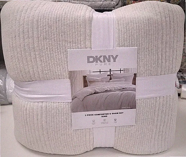 DKNY Pure Ribbed Jersey 3-piece King Comforter Set Heather Gray-New