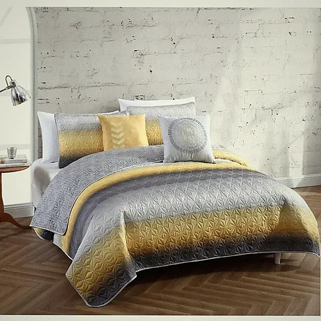 Geneva Home Jersey Knit Geometric Shapes Quilt Set- Yellow/Gray- Twin