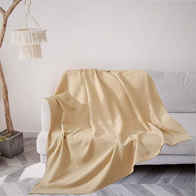 Grid Throw Blanket Couch Sofa Bed Lightweight Jersey Knit Khaki 50x60 Inch