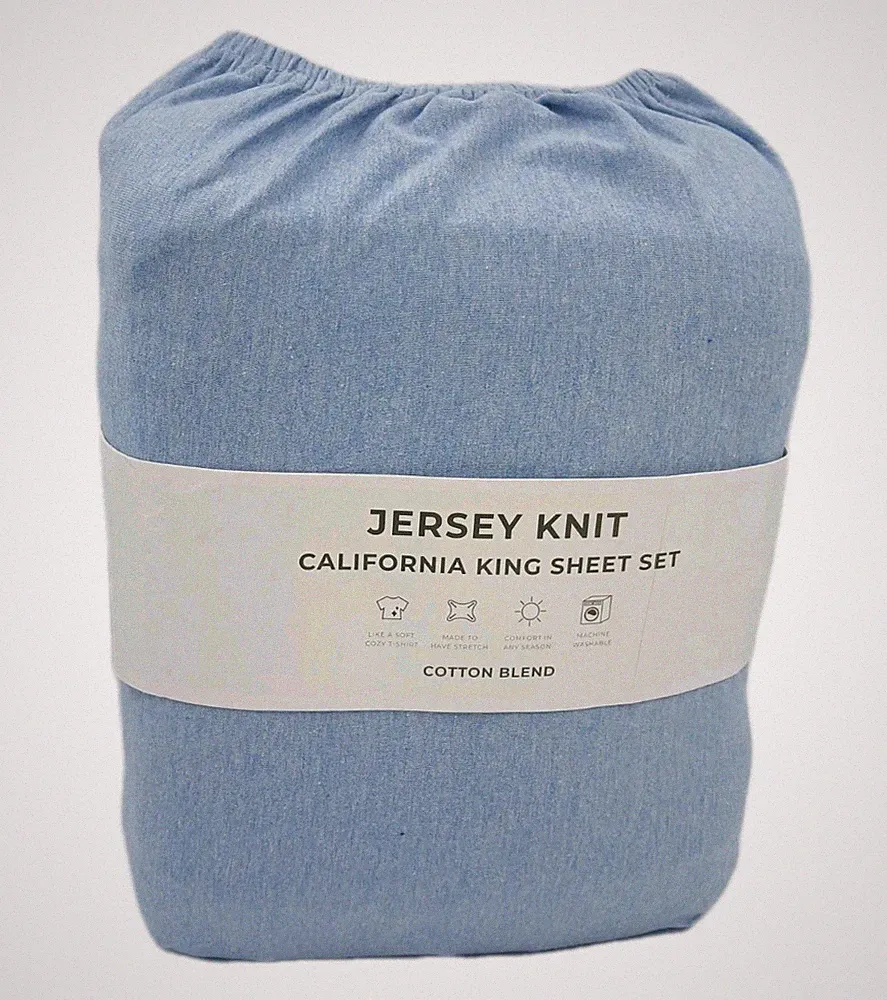 Jersey Knit Fabric 4 Piece Stretchy Bed Cal King Sheet Set Heathered Sky Blue