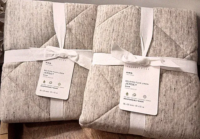 Set/2 Pottery Barn Belgian Flax Linen Jersey KING Quilted Shams, Color: Flax NEW
