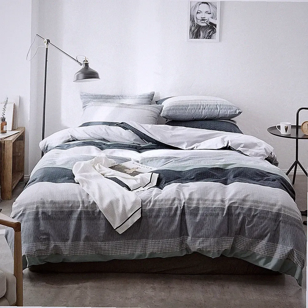 Washed Cotton Plaid Duvet Cover Set Reversible Buffalo Grid Bedding Set